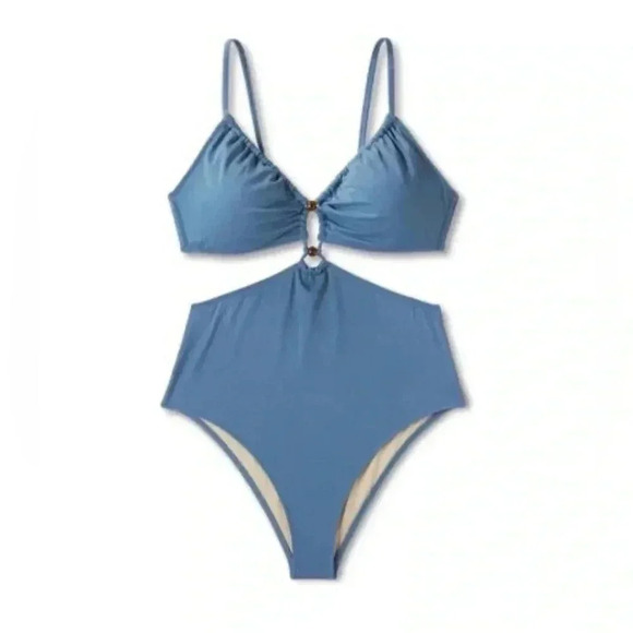 Shade & Shore Cut Out Bead Detail One Piece Swimsuit - Blue Sz S NWT - Picture 2 of 7
